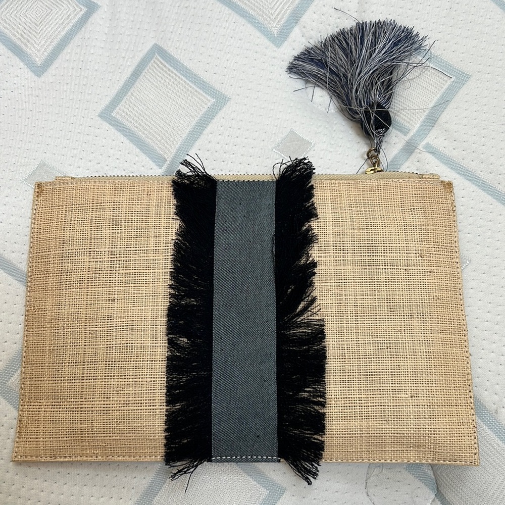 Katy raffia and navy envelope clutch